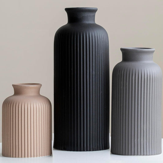 Modern Ceramic Vase Set, Earth Tone Natural Color Ribbed Matte Design, 3-Piece Decorative Vases for Home, Living Room, Office (Coffee Mix)