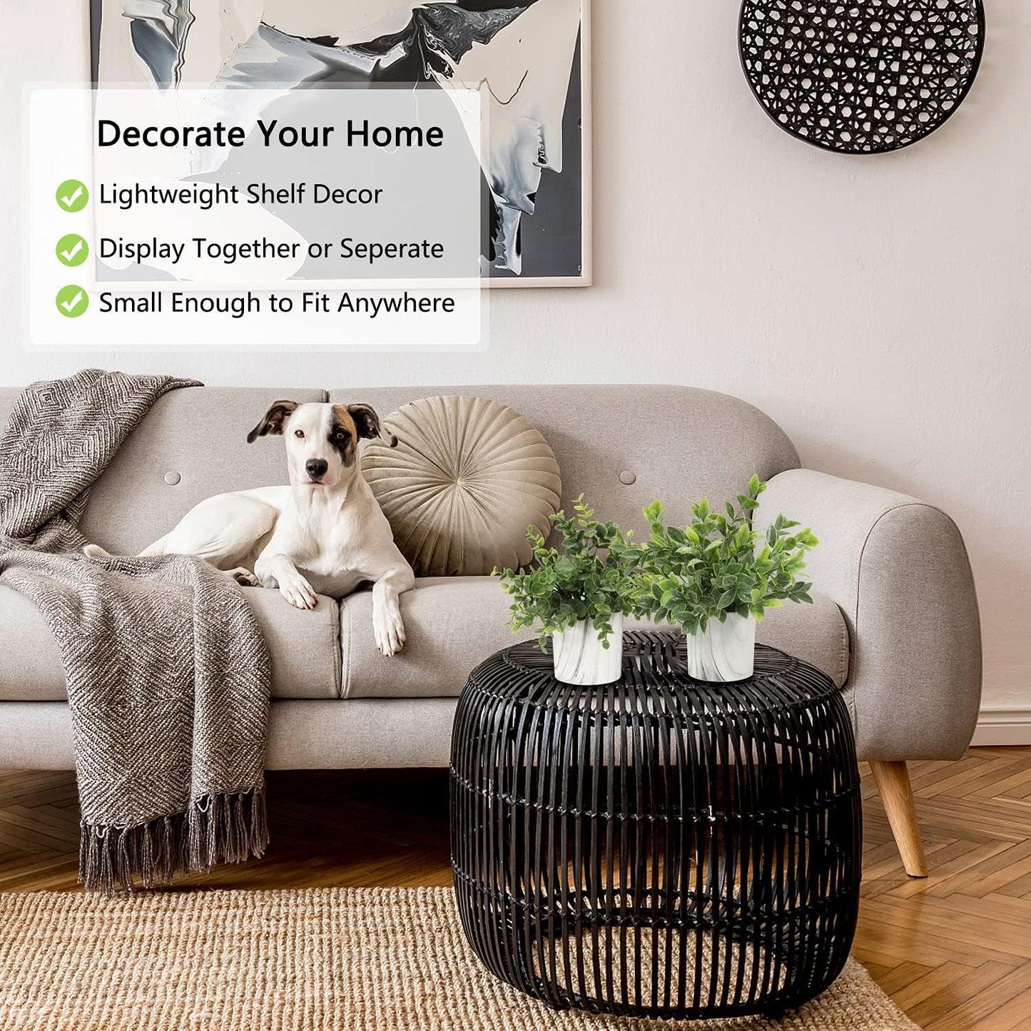 Hollyone Mini Artificial Potted Plants Fake Plants in Marble Pots, 1Pcs Plastic Eucalyptus Greenery Faux Plants for Home Office Desk Room Centerpiece Shelf Décor