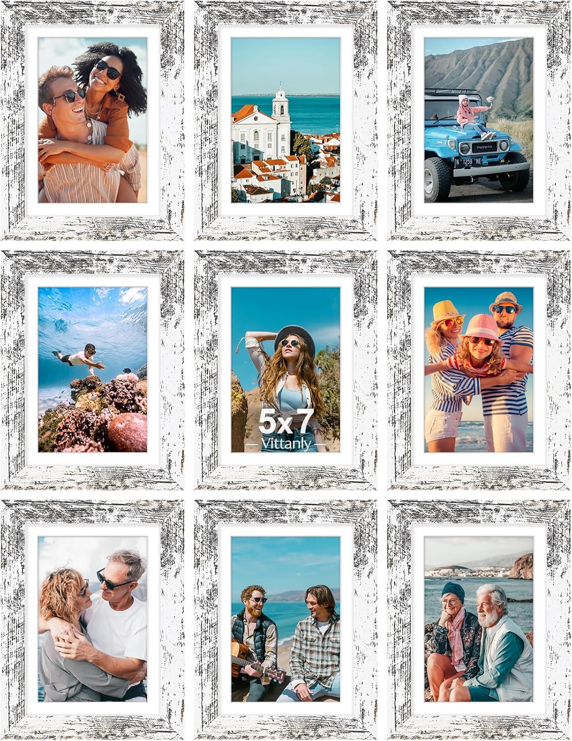 Vittanly 8x10 Picture Frames Set of 9, Shatter Resistant Plexiglass, Display 5x7 Pictures with Mat or 8x10 without Mat, Photo Frames for Wall or Tabletop, Engineered Wood, Black - Colors A