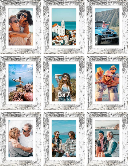 Vittanly 8x10 Picture Frames Set of 9, Shatter Resistant Plexiglass, Display 5x7 Pictures with Mat or 8x10 without Mat, Photo Frames for Wall or Tabletop, Engineered Wood, Black - Colors A