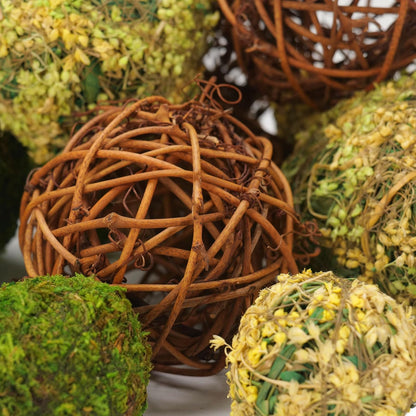Decorative Balls for Centerpiece Bowls, 18pcs Fake Moss Balls + Wicker Rattan Balls Set Vase Bowl Filler for Home Garden Wedding Party Decor (Fresh Green + Rustic Brown)