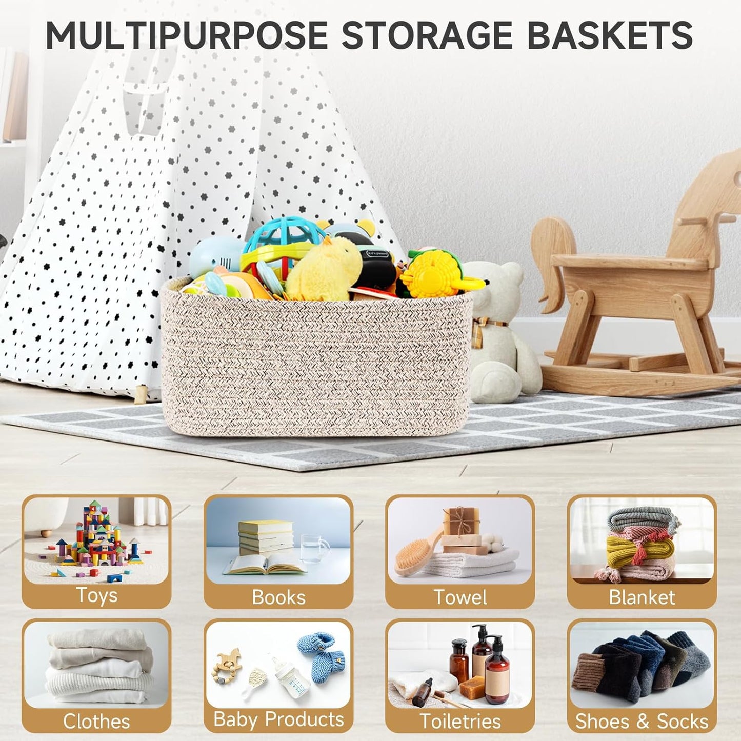 3-Pack Small Storage Baskets for Organizing | Woven Shelf Toy Basket | Rope Baskets for Gifts Empty | Closet Organizer Bins with Handles | Cube Decorative Box | 11.8×7.8×5.1” | Mixed brown