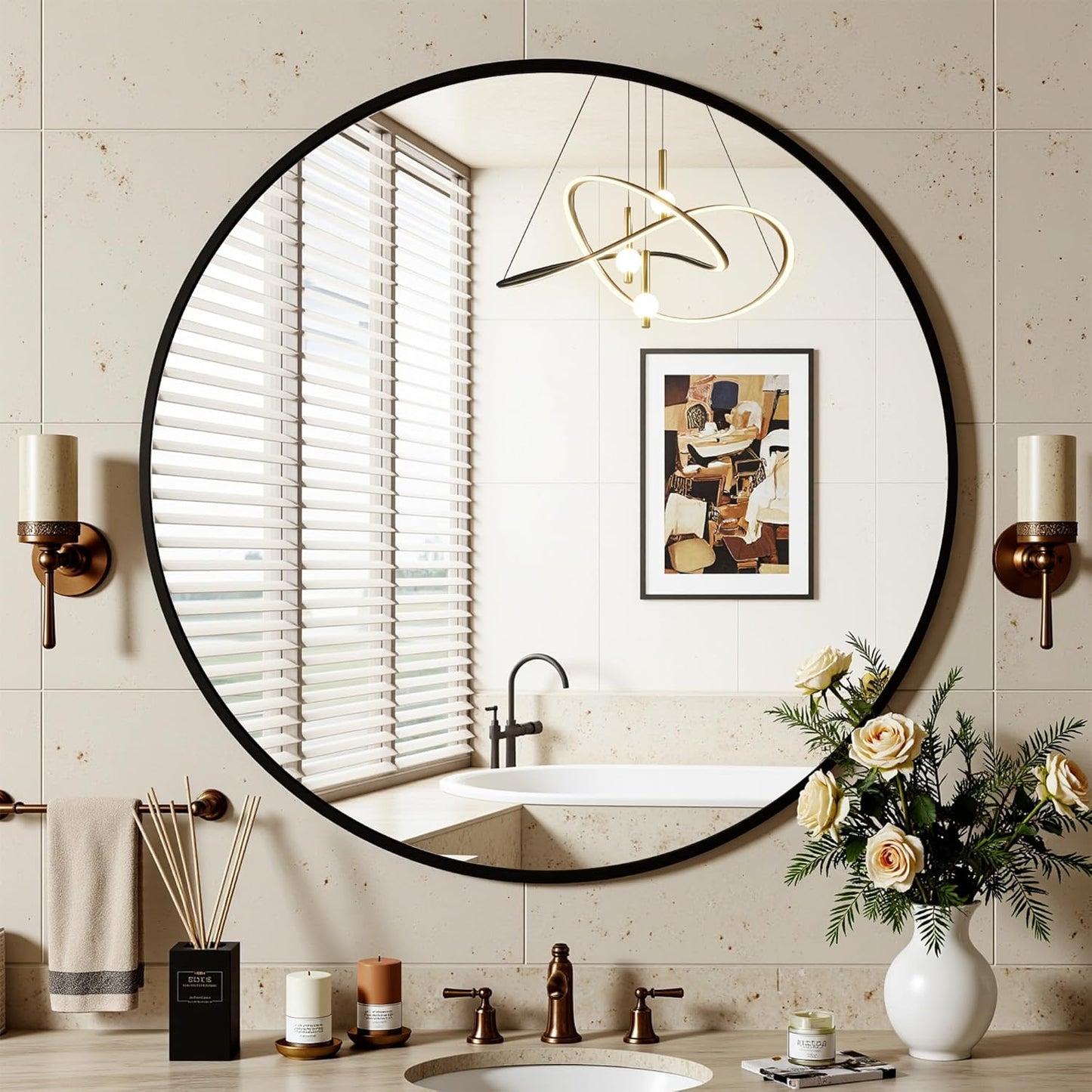 Antok 30 Inch Round Mirror for Wall, Round Bathroom Mirror, Circle Wall Mirrors with Black Metal Frame, Circle Mirrors Suitable for Wall, Bathroom, Vanity, Living Room, Entryway