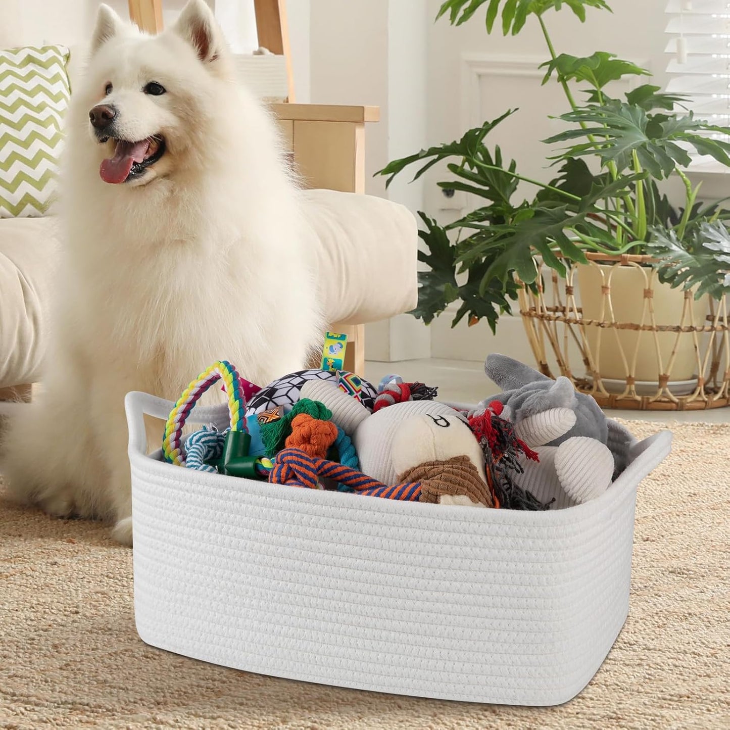 OIAHOMY Woven Basket, Gift Basket Empty with Gift Bags and Ribbons, Rope Baskets for Baby Showers, Storage Baskets with Handles for Nursery, Pet Toy Organizer - White