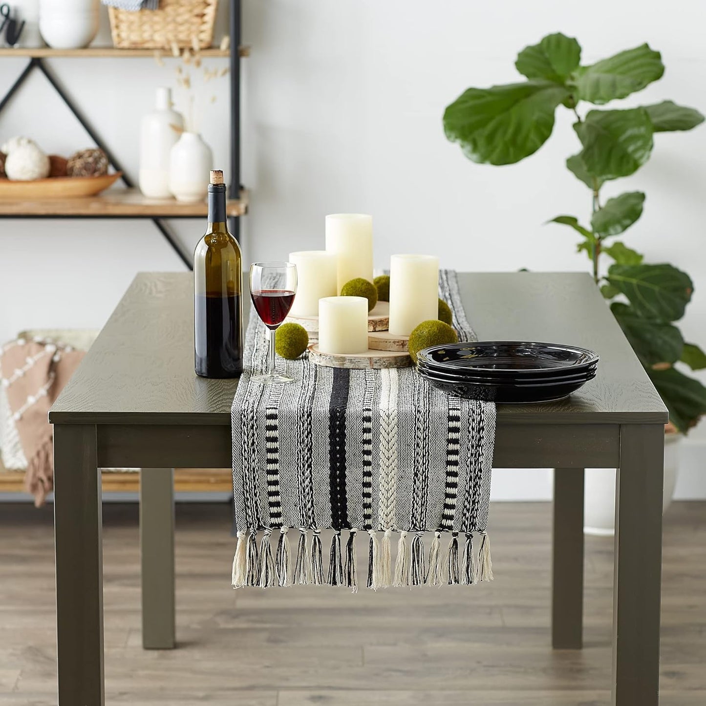 DII Farmhouse Braided Stripe Table Runner Collection, 15x72 (15x77, Fringe Included), Black