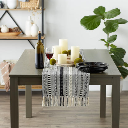 DII Farmhouse Braided Stripe Table Runner Collection, 15x72 (15x77, Fringe Included), Black