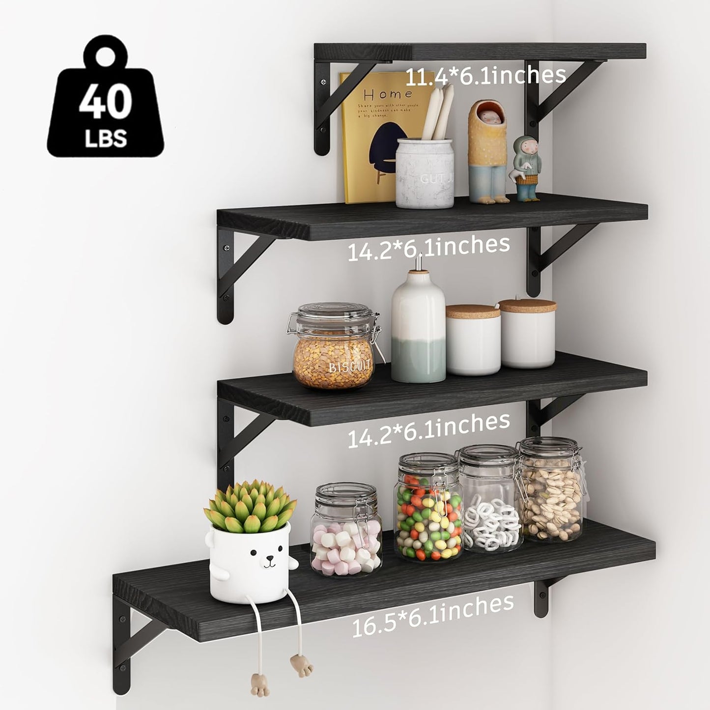 YGEOMER Floating Shelves for Wall, Different Sizes Dark Carbonized Brown Wall Shelves for Living Room, Bathroom, Bedroom, Kitchen, Home Decor (Set of 4)