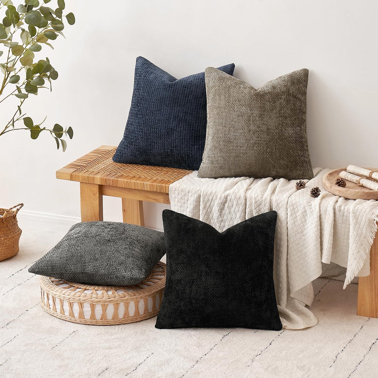 MIULEE Pack of 4 Couch Throw Pillow Covers 18x18 Inch Neutral Soft Decorative Chenille Pillow Covers Farmhouse Boho Cushion Covers for Mid Century Modern Spring Home Decor Sofa Bedroom Living Room