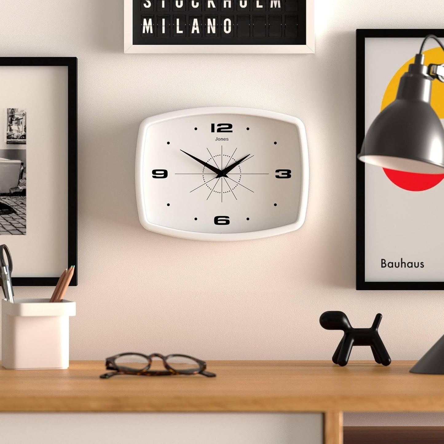JONES CLOCKS® Movie wall Clock | Retro Rectangular Clock | 10 inch | Orange | Cool mid-Century Designer Look for Kitchen, Living Room or Office