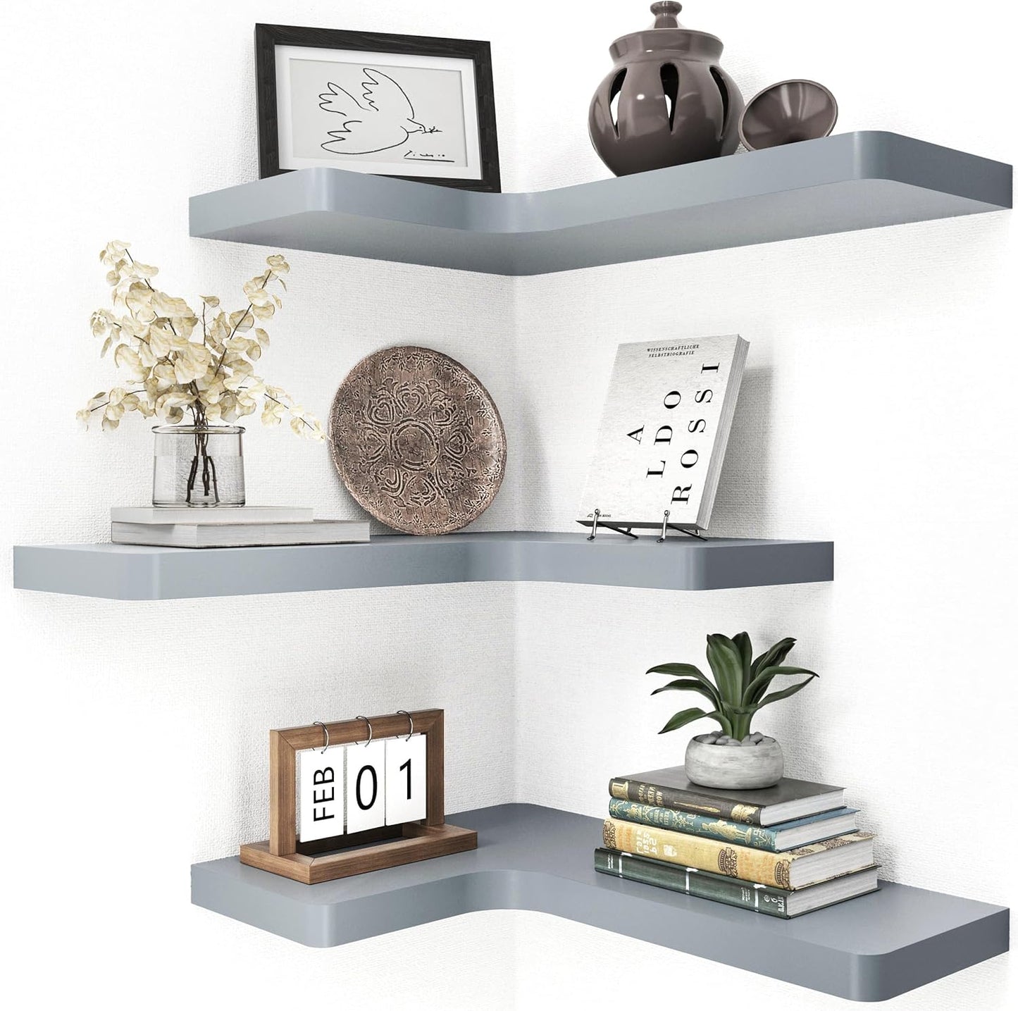 fuqing Floating Corner Shelves, Wall Shelf Set of 3, Shelves for Wall Storage, Solid Wood Shelves for Storage, Wall Mount Wooden Display Shelf for Bathroom Bedroom Kitchen Garage, Rustic Brown