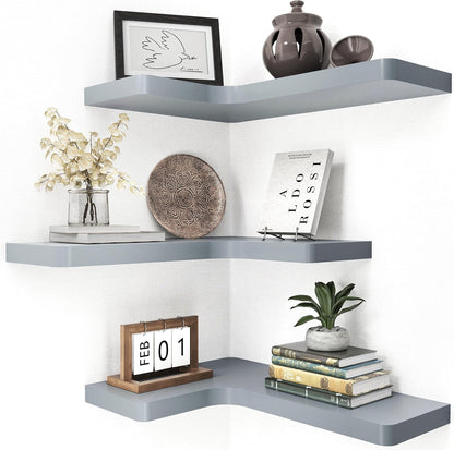 fuqing Floating Corner Shelves, Wall Shelf Set of 3, Shelves for Wall Storage, Solid Wood Shelves for Storage, Wall Mount Wooden Display Shelf for Bathroom Bedroom Kitchen Garage, Rustic Brown