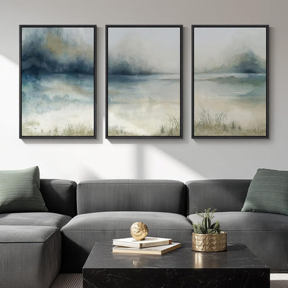 Large Framed Abstract Nature Landscape Wall Art for Living Room, Set of 3 Modern Canvas Prints Paintings Artwork for Walls, Green Lake Pictures for Hallway, Dining Room, Office Wall Decor 24x36 Inch