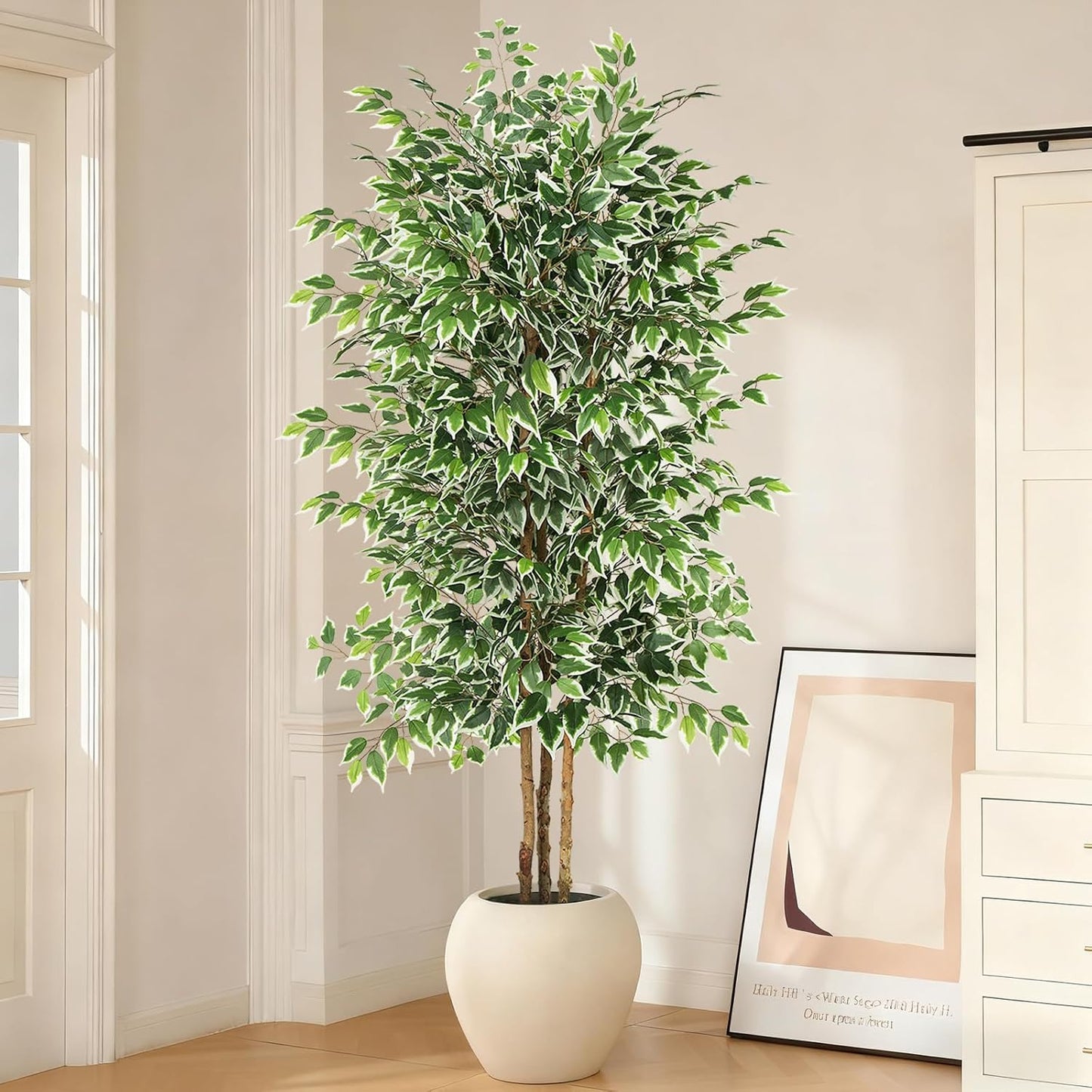 GTIDEA 6ft Artificial Tree Ficus, Tall Faux Trees Indoor with Natural Trunk and Fake Silk Tree Fake Plants for Home Spring Decor Living Room Outdoor Balcony House Office (Included Dried Moss)