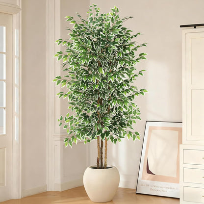GTIDEA 6ft Artificial Tree Ficus, Tall Faux Trees Indoor with Natural Trunk and Fake Silk Tree Fake Plants for Home Spring Decor Living Room Outdoor Balcony House Office (Included Dried Moss)
