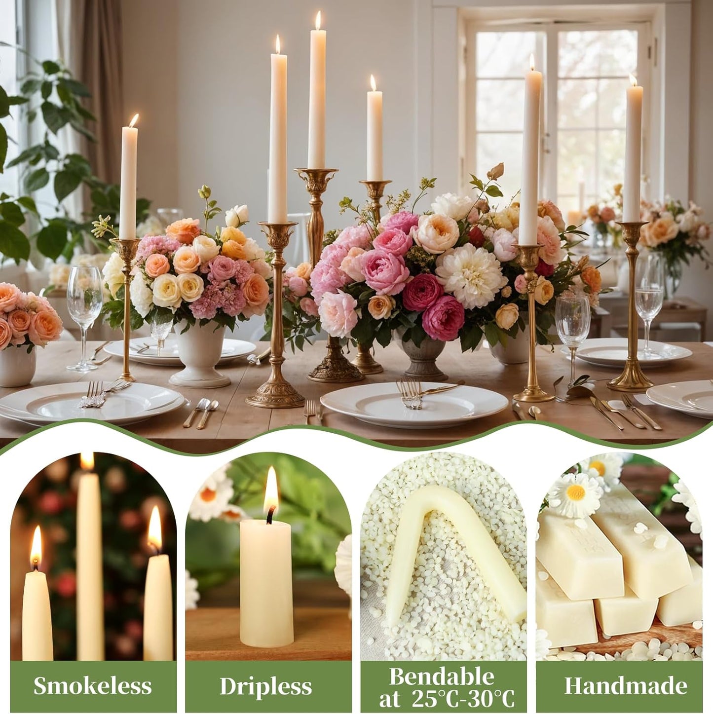12 Pack Beeswax Taper Candles,8in Dripless Pure Beeswax Candles Non Toxic,8 Hours Long Burning 100% Natural Candle Sticks,Smokeless and Unscented Bees Wax Candle for Home,Prayer,Tall Tapered