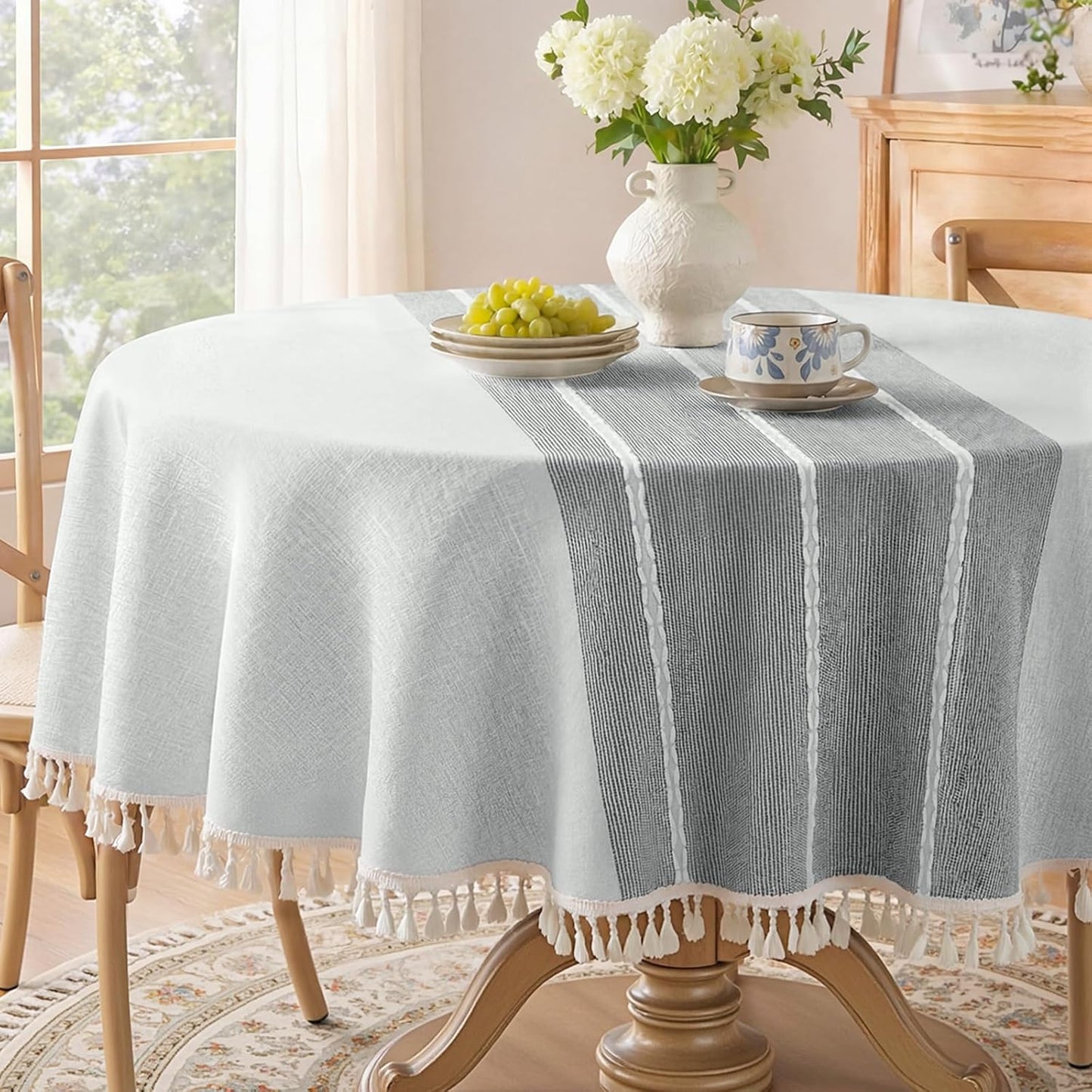 Softalker Outdoor Tablecloth Rectangle, Waterproof Linen Cotton Farmhouse Table Cloths with Tassel, Heavy Weight Wrinkle Free Boho Table Cover for Picnic Camping Dining - 55 x 70 Inch, Coffee Lines