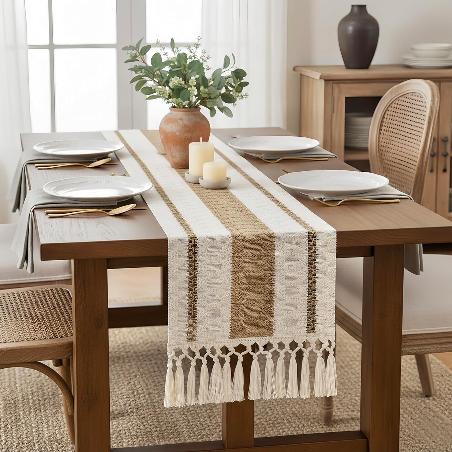FEXIA Boho Table Runner for Thanksgiving Fall Christmas Home Decor with Tassels 72 Inches Long Pottery barn Furniture Farmhouse Rustic Macrame Burlap Table Decoration for Living Room (12x72 Inches)