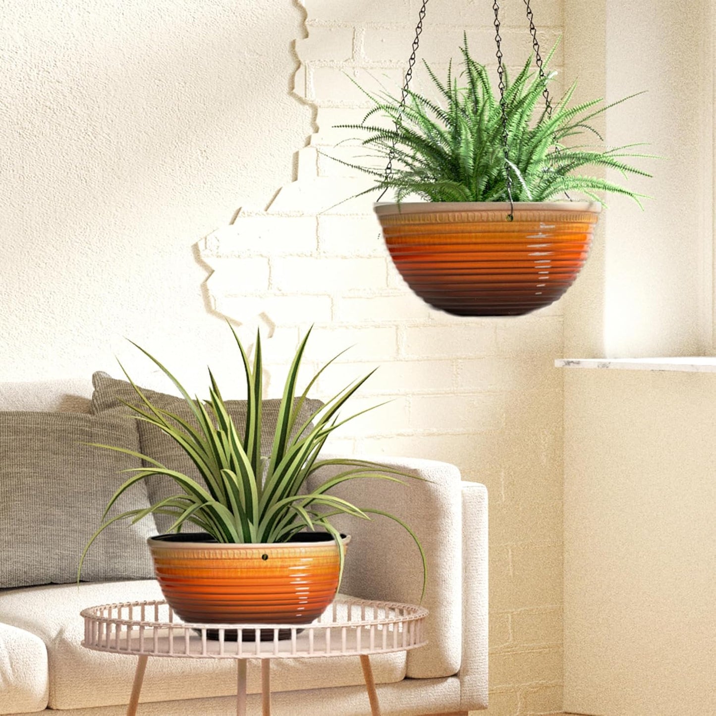 Vanslogreen 2 Pack Hanging Planters for Indoor Outdoor Plants, 10 Inch Hanging Planter with Drainage Hole & Plug Glazed Hanging Baskets Flower Pots for Garden Home (Blue)
