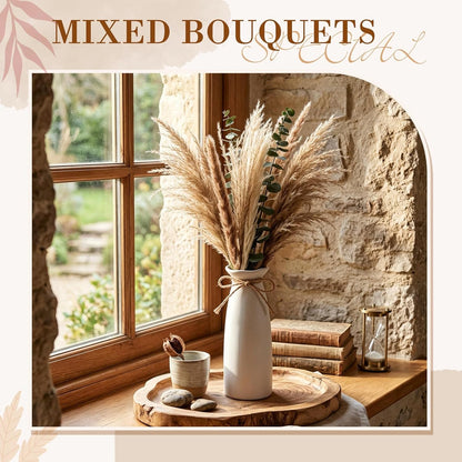 Hushee 3 Set 60 Pcs Dried Pampas Grass with Vase for Table Decor, Boho Ceramic Vase with Eucalyptus Dried Flowers Bouquet, 16" Boho Rustic Fluffy Flowers for Wedding Mantel Entryway Kitchen Home Decor