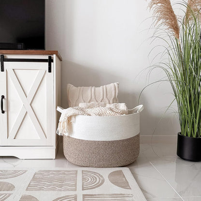 INDRESSME XXXLarge Blanket Basket for Living Room 21.7" x 21.7" x 13.8"-Storage Basket with Handle for Organizing Toy Pillows Woven Cotton Rope Laundry Basket Stuffed Animal Toy Storage for Play Room