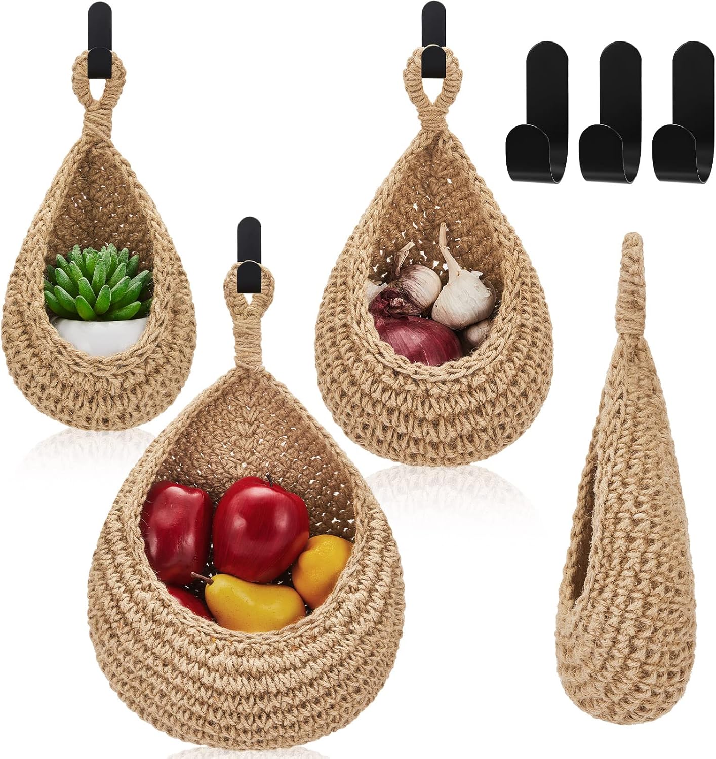 Honeydak Boho Decor Hanging Wall Baskets for Kitchen 3 Pack Teardrop Baskets with Hooks Storage Fruit Onion Vegetable Potato for Home 3 Sizes(Linen,Teardrop,Jute)