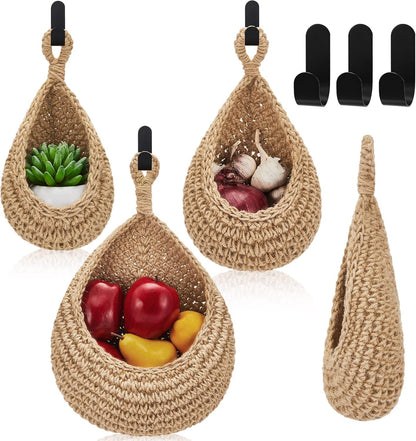 Honeydak Boho Decor Hanging Wall Baskets for Kitchen 3 Pack Teardrop Baskets with Hooks Storage Fruit Onion Vegetable Potato for Home 3 Sizes(Linen,Teardrop,Jute)