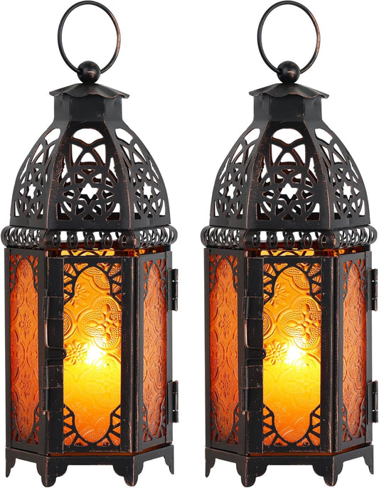 Vintage Large Size Decorative Ramadan Candle Lantern, 12.8’’ Metal Hanging&Tabletop Moroccan Lantern Candle Holder Decor, Halloween Christmas Decorations for Home Indoor Outdoor Patio (Amber)