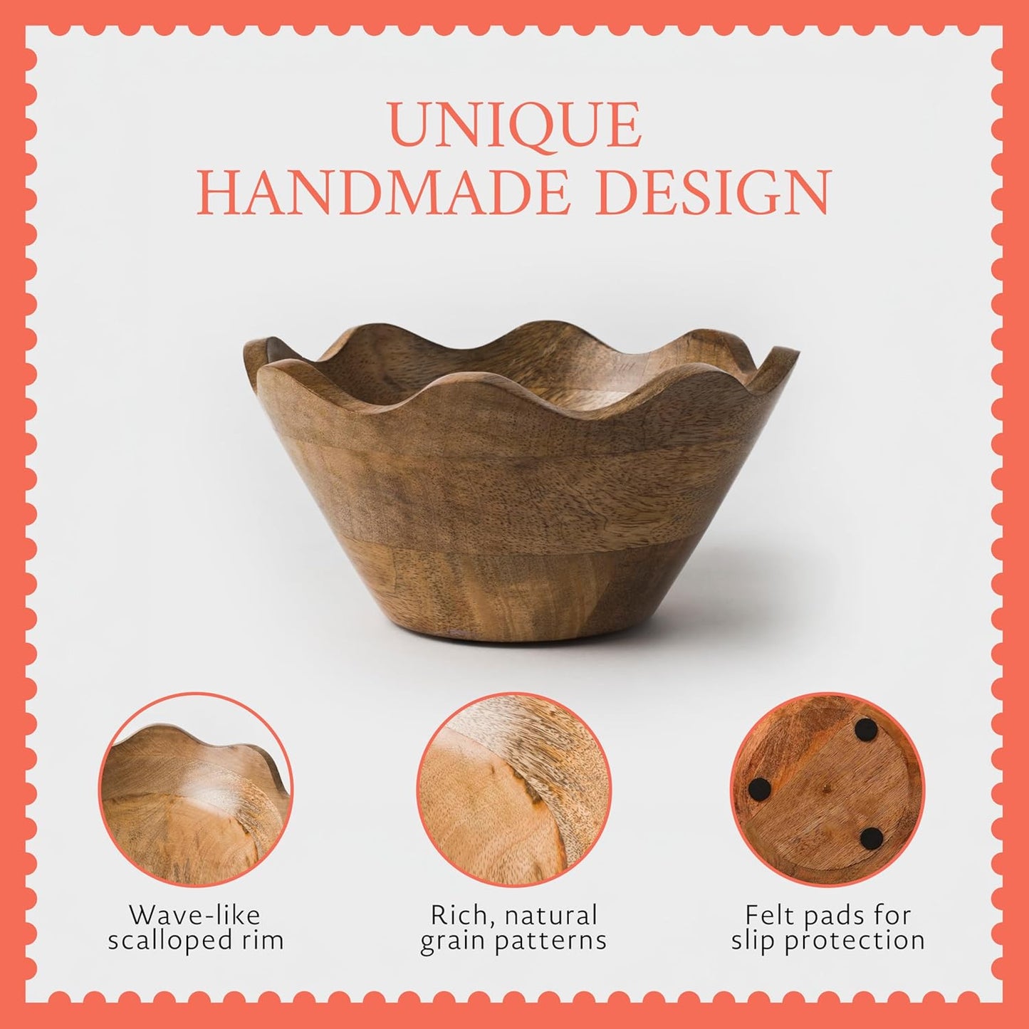 Mela Artisans 12-Inch Mango Wood Scalloped Bowl - Hand-Finished Decorative Serving and Fruit Bowl with Natural Grain for Kitchen Counter, Snacks, Desserts, Bread and Home Decor Centerpiece