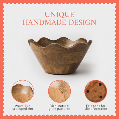 Mela Artisans 12-Inch Mango Wood Scalloped Bowl - Hand-Finished Decorative Serving and Fruit Bowl with Natural Grain for Kitchen Counter, Snacks, Desserts, Bread and Home Decor Centerpiece
