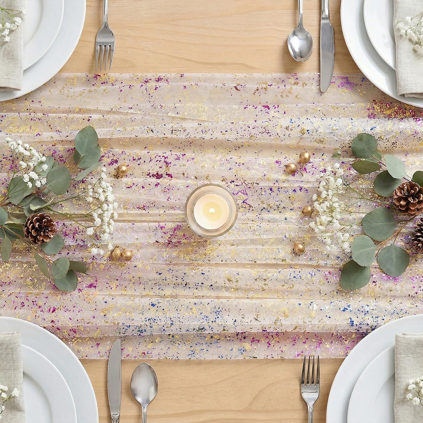 Artoid Mode Beige Gold Gauze Table Runner 120 Inch 10FT, Glitter Metallic Foil Sheer Dining Wedding Anniversary Holiday Birthday Table Decor for Home Party