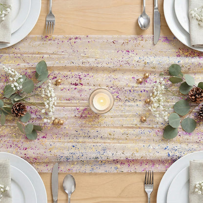 Artoid Mode Beige Gold Gauze Table Runner 120 Inch 10FT, Glitter Metallic Foil Sheer Dining Wedding Anniversary Holiday Birthday Table Decor for Home Party
