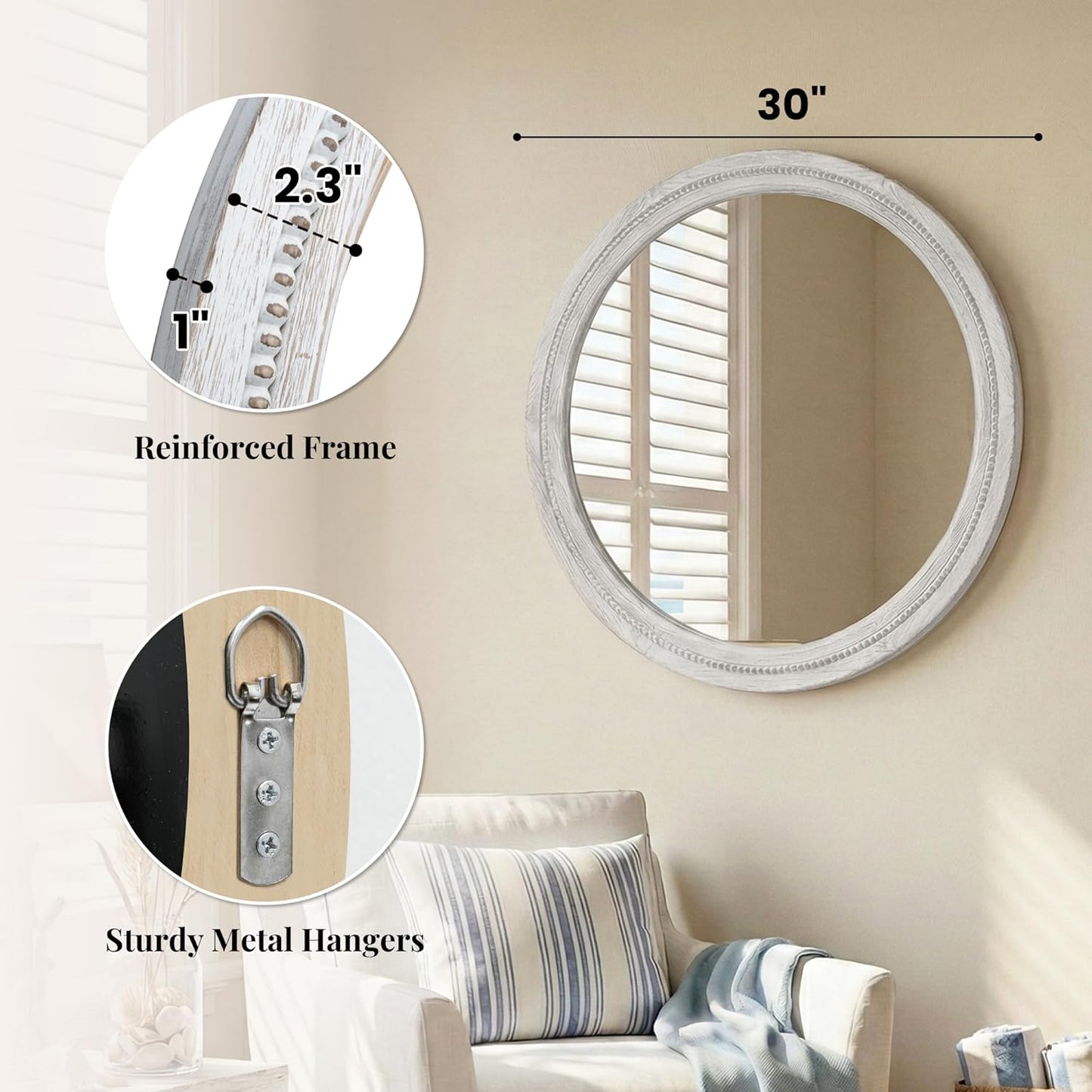 30" Round Solid Wood Mirror for Bathroom Vanity, Handcrafted Beaded Circle Wall Mirror - Natural Boho Farmhouse Decor for Entryway & Bedroom