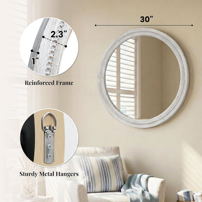 30" Round Solid Wood Mirror for Bathroom Vanity, Handcrafted Beaded Circle Wall Mirror - Natural Boho Farmhouse Decor for Entryway & Bedroom