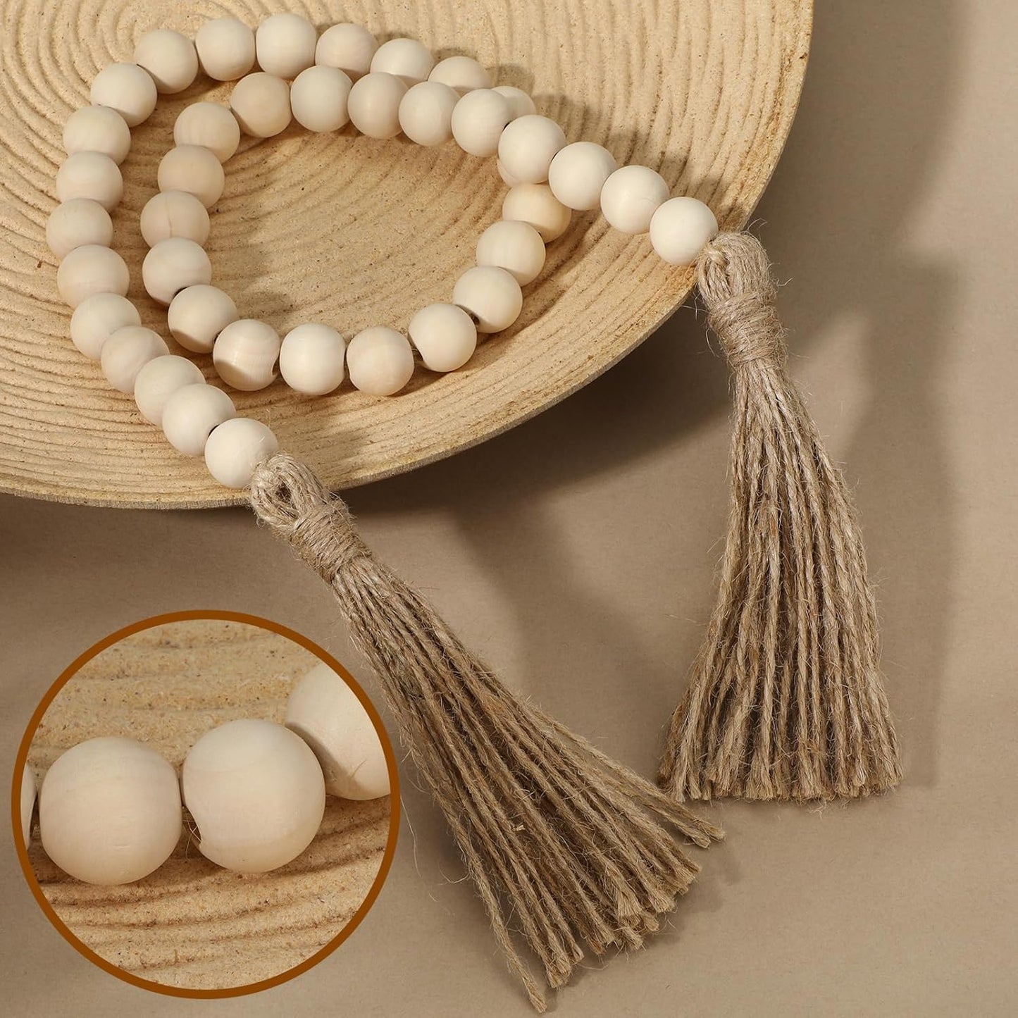 34in Farmhouse Wood Beads Garland with Tassels, Decorative Bead Home Decor Wooden Beads Garland Country Room Hanging for Wood Entryway Table, Shelf, Tray, Curtain Decor (Beige)