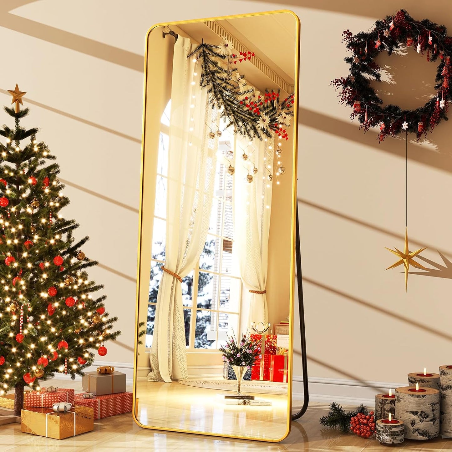 XRAMFY 56"x21" Floor Full Length Mirror Standing Full Body Rounded Corner Rectangle Mirrors with Stand Hanging Wall Mounted Leaning Bedroom Living Room Bedroom Cloakroom,Gold