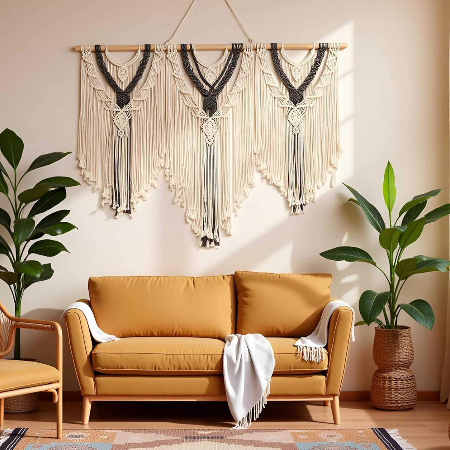 guzhiou large macrame wall hanging - Boho Tapestry Macrame Wall Decor Art- Chic Bohemian Handmade Woven Tapestry Home Decoration for Bedroom Living Room Apartment Wedding Party - 43"x32" (Wood bead)