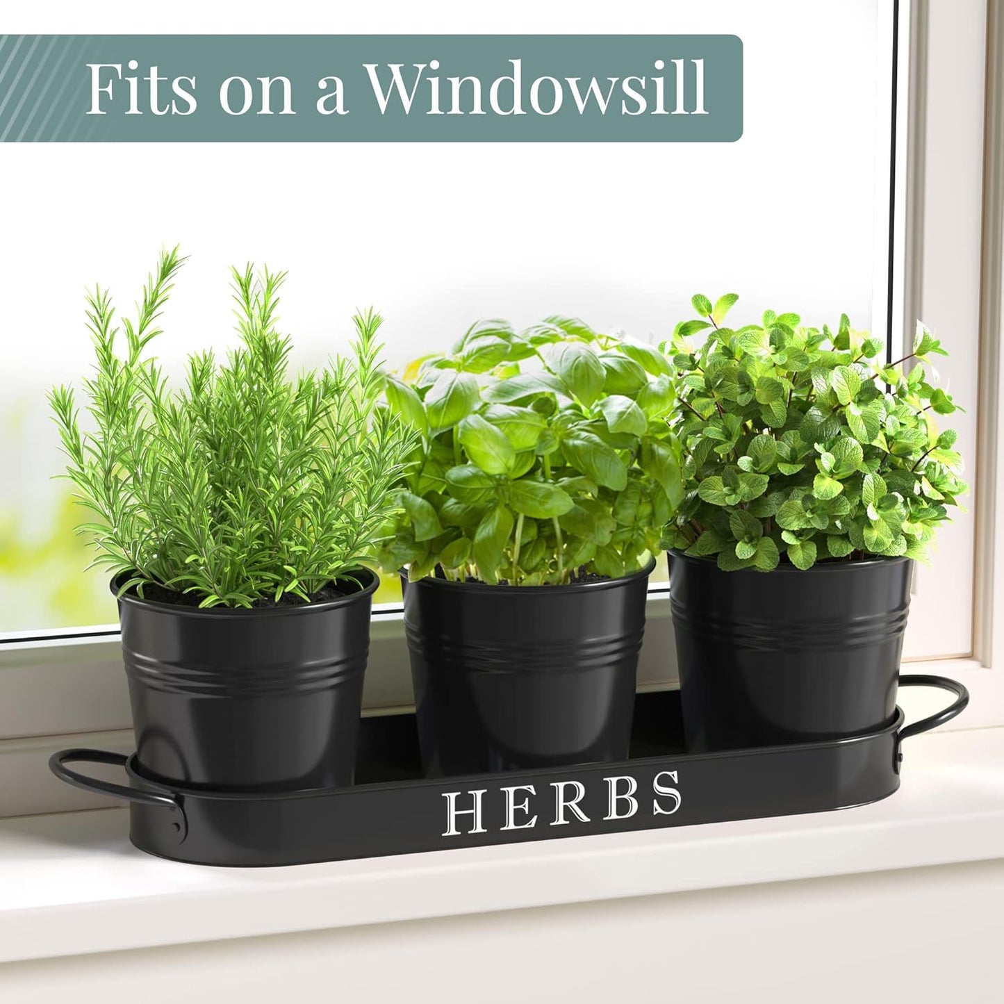 Barnyard Designs Indoor Herb Garden Planter Set with Tray, Metal Windowsill Plant Pots with Drainage for Outdoor or Indoor Plants, Set/3 (White)