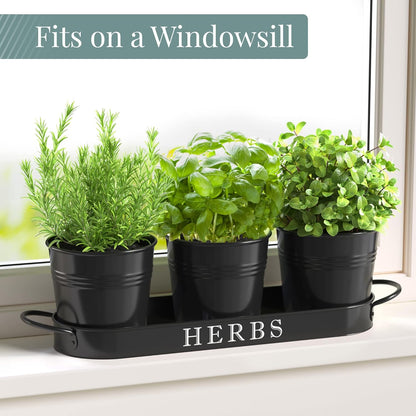 Barnyard Designs Indoor Herb Garden Planter Set with Tray, Metal Windowsill Plant Pots with Drainage for Outdoor or Indoor Plants, Set/3 (White)