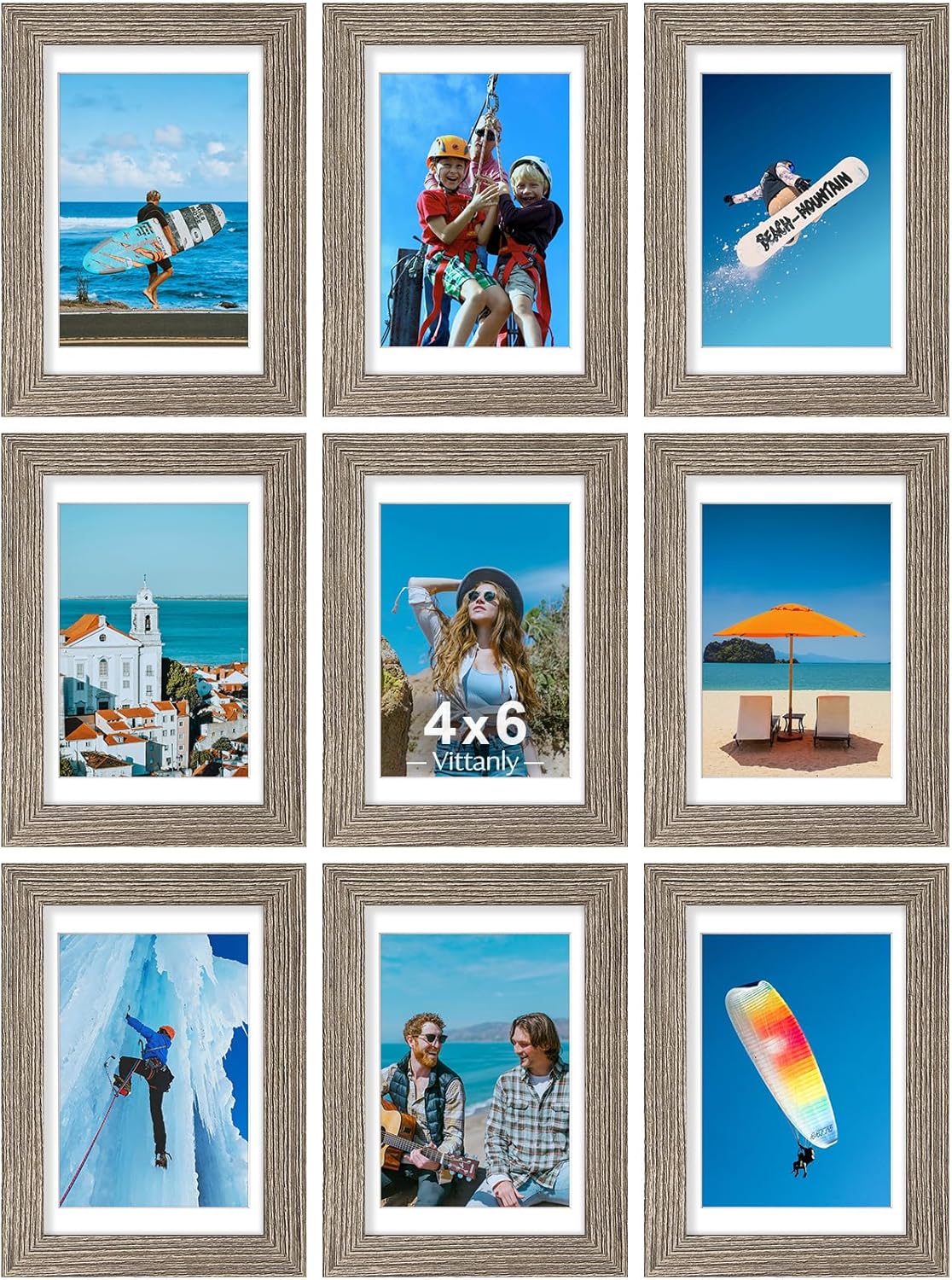 Vittanly 8x10 Picture Frames Set of 9, Shatter Resistant Plexiglass, Display 5x7 Pictures with Mat or 8x10 without Mat, Photo Frames for Wall or Tabletop, Engineered Wood, Black - Colors B
