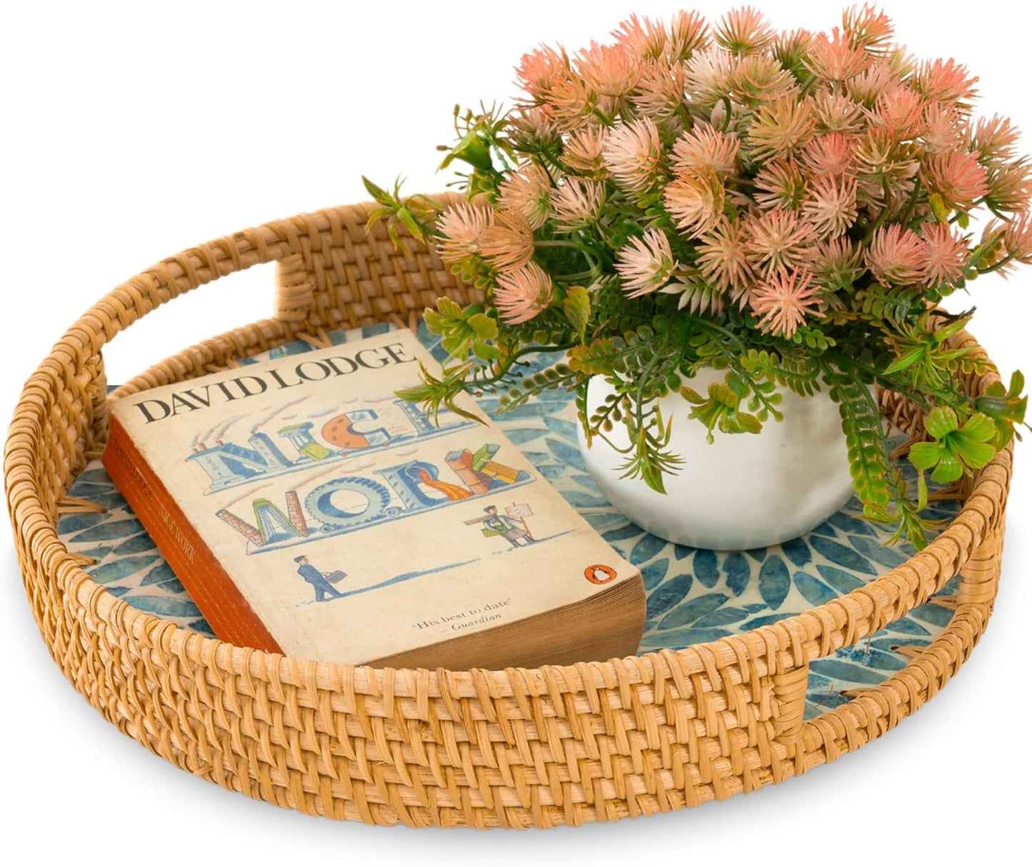 KOLWOVEN Round Rattan Tray with Handle, Rattan Serving Tray with Mother of Pearl Inlay Wooden Base, Decorative Wicker Basket for Table Decor (Blue Leaves)