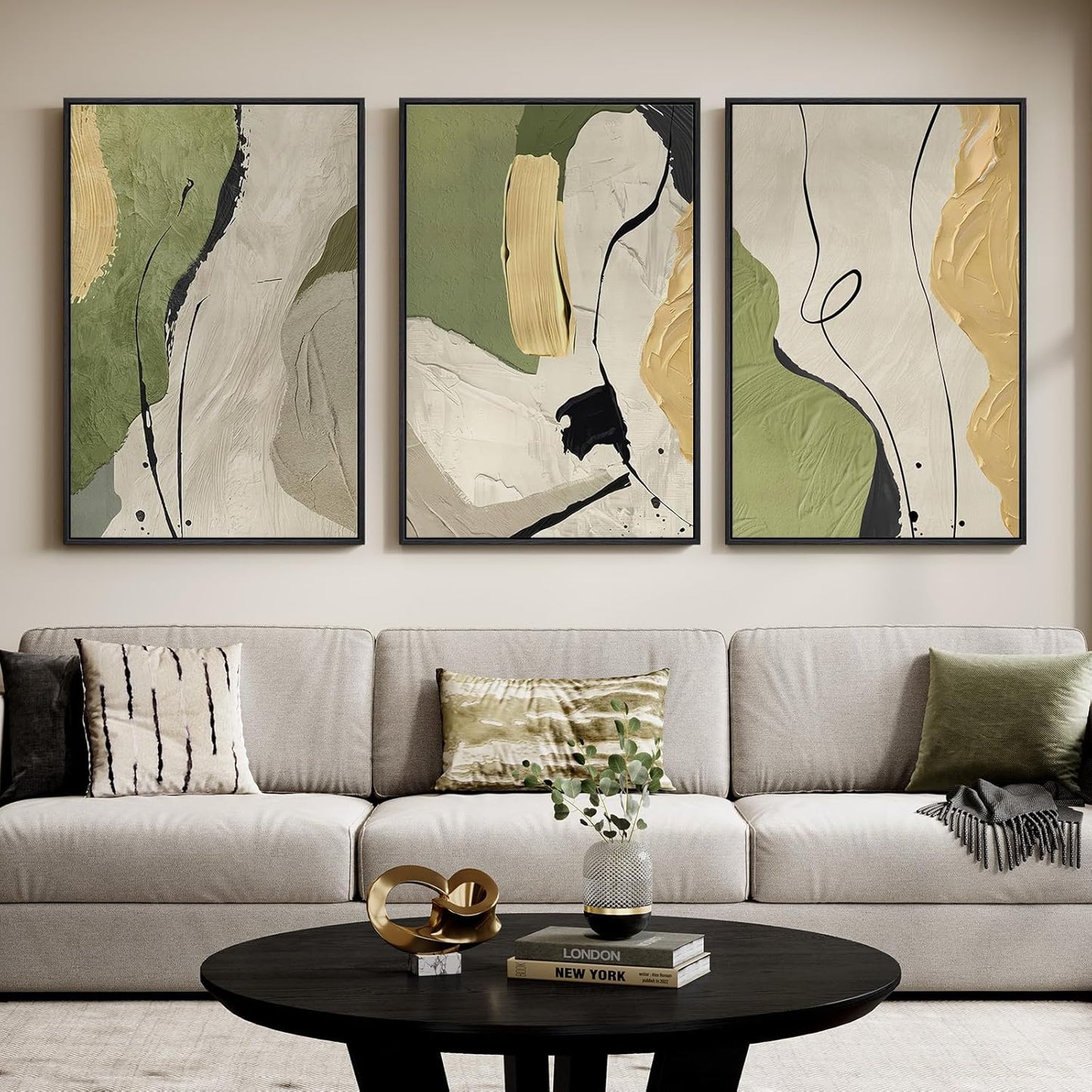 Large Framed Abstract Nature Landscape Wall Art for Living Room, Set of 3 Modern Canvas Prints Paintings Artwork for Walls, Green Lake Pictures for Hallway, Dining Room, Office Wall Decor 24x36 Inch