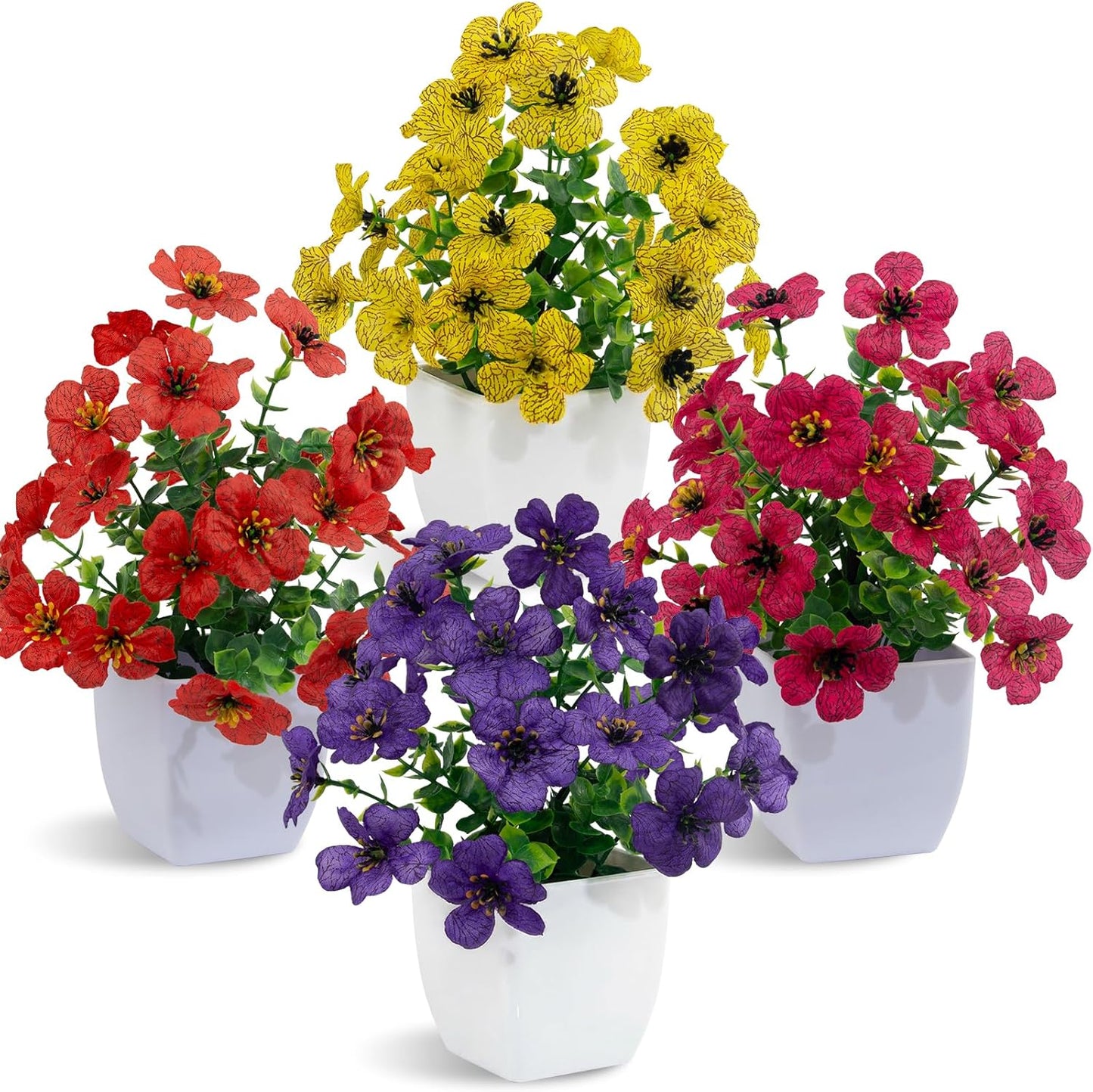 LOYWREE 4 Pack Small Artificial Mums Flowers in White Pots, Fake Mini Potted Plants, Spring Floral Decor for Home Bathroom Shelves Office Desk Table Centerpiece Indoor Decoration