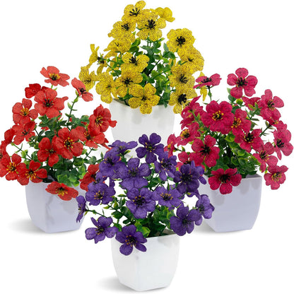 LOYWREE 4 Pack Small Artificial Mums Flowers in White Pots, Fake Mini Potted Plants, Spring Floral Decor for Home Bathroom Shelves Office Desk Table Centerpiece Indoor Decoration