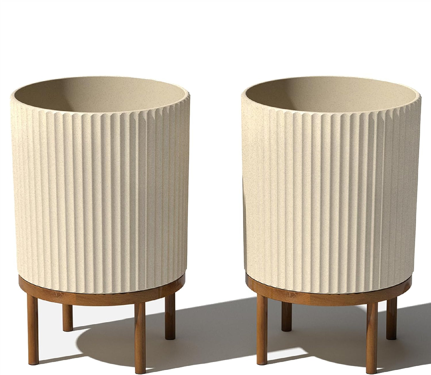 Veradek Demi Series Round Planter w/ Stand for Porch/Patio | Durable Plastic-Concrete & Wooden Stand | Modern Décor for Tall Plants, Flowers