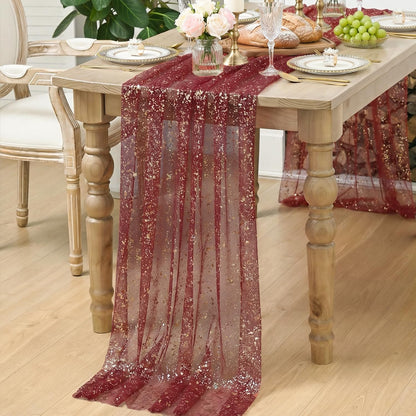 Artoid Mode Beige Gold Gauze Table Runner 120 Inch 10FT, Glitter Metallic Foil Sheer Dining Wedding Anniversary Holiday Birthday Table Decor for Home Party