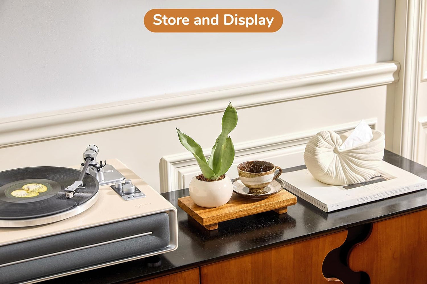Large 16" Acacia Wood Riser Pedestal Stand – Farmhouse Wood Display Riser for Kitchen and Bathroom Décor - Counter Display, Plant Stand, Jewelry Holder, Vanity Tray, Candle Stand (L:16"x8"x1.57")