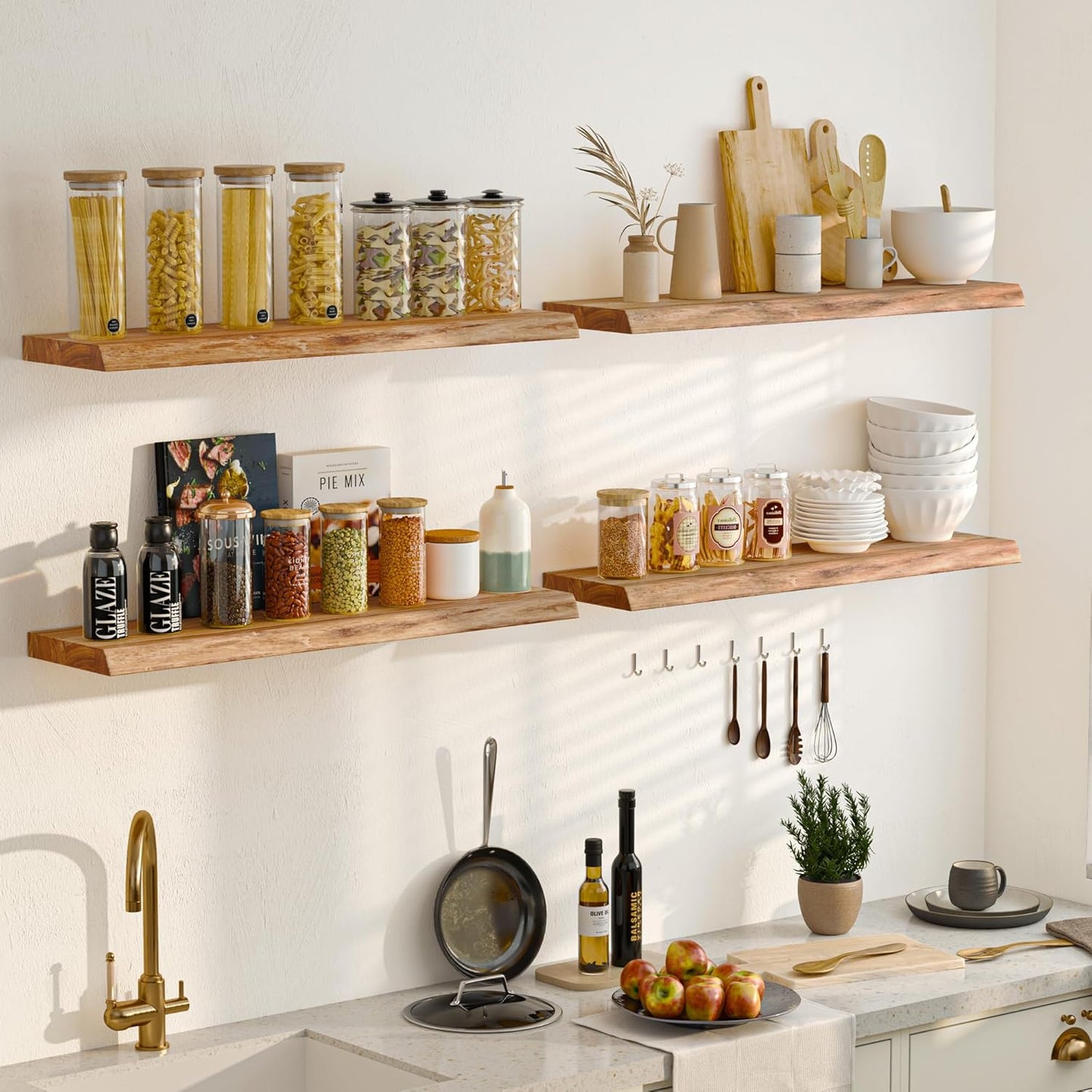 Floating Shelves 36 Inches Long - 8 Inch Deep Rustic Premium Solid Pine Wood for Storage - Farmhouse Wall Mounted for Living Room - Heavy-Duty Metal Bracket - 36" W x 8" D - Set of 2 - White Color