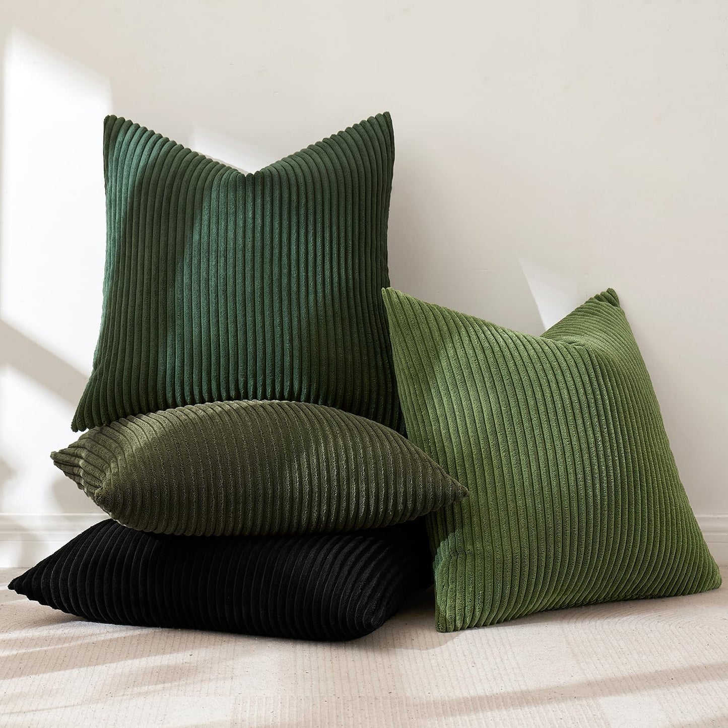 MIULEE Boho Farmhouse Sage Green Throw Pillow Covers 18x18 Inch Set of 4 Mordern Nordic Cushion Covers Soft Corduroy Spring Home Decor for Couch Bed Sofa Living Room Forest Green