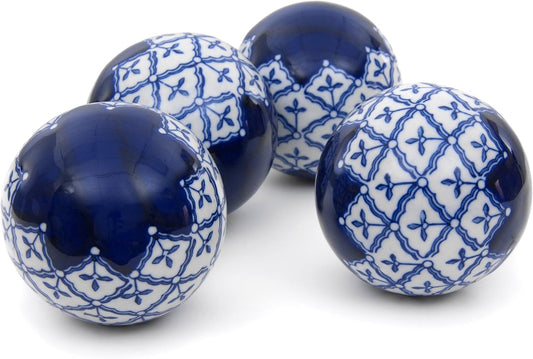 Red Lantern 4" Porcelain Ball Set - Set of 4 Decorative Balls, Red and Beige Vines