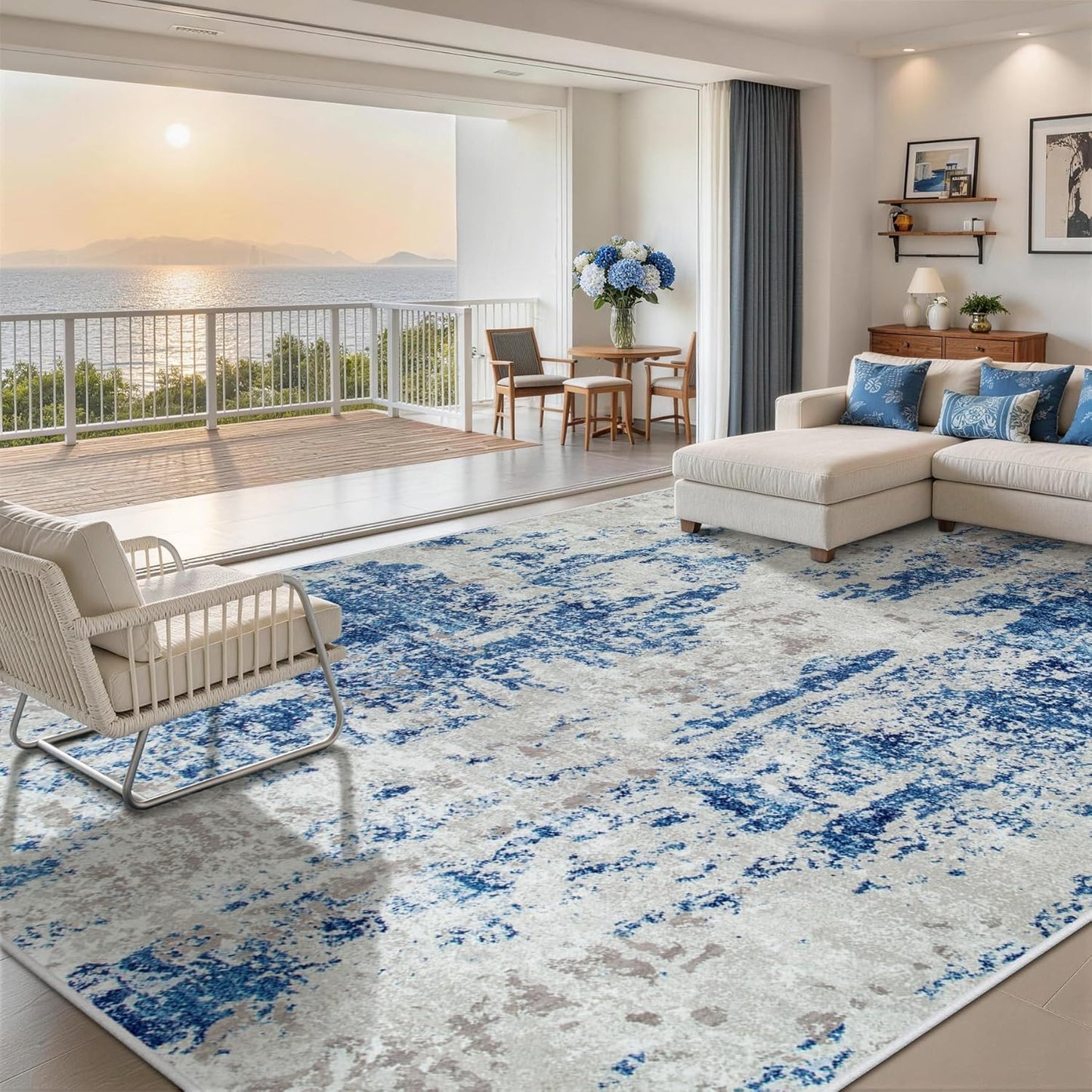 8x10 Area Rugs for Living Room Rug Washable: Abstract Large Rug for Dining Room Bedroom Carpet Non Slip 8 by 10 Indoor Modern Nursery Home Office Blue Grey